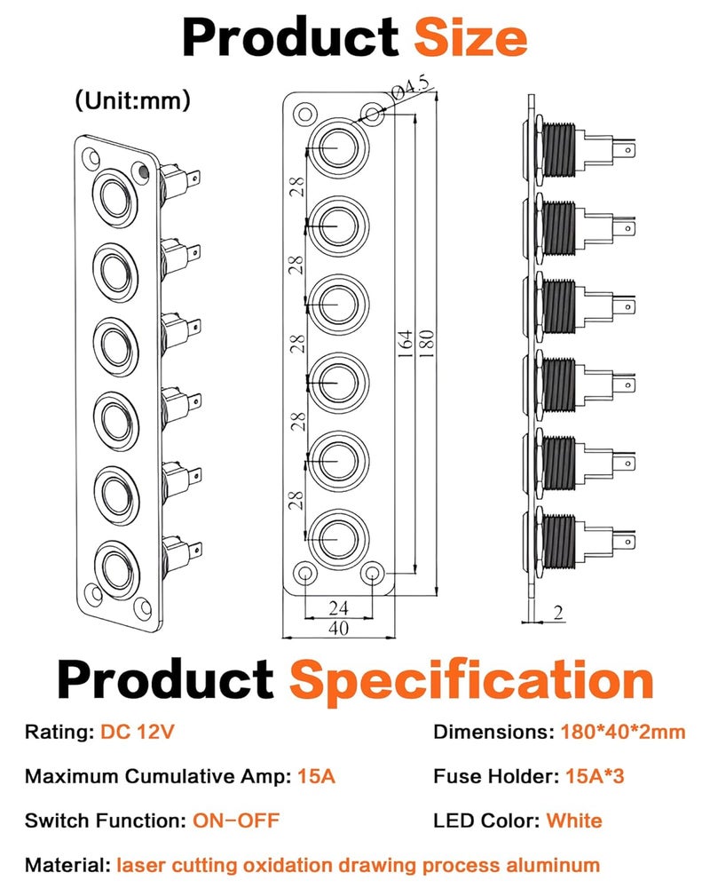 IZTOSS 6 Gang Aluminum Marine Rocker Switch Panel - Pre-Wired with White LED Indicator, 12-24 V Multi-Function Rocker Switch - Ideal for Marine motorhomes, Yachts - Image 4